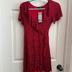 Boohoo Red and Black Asymmetrical Ruffled Mini Dress